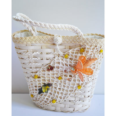Vintage Insect White Straw Basket Purse