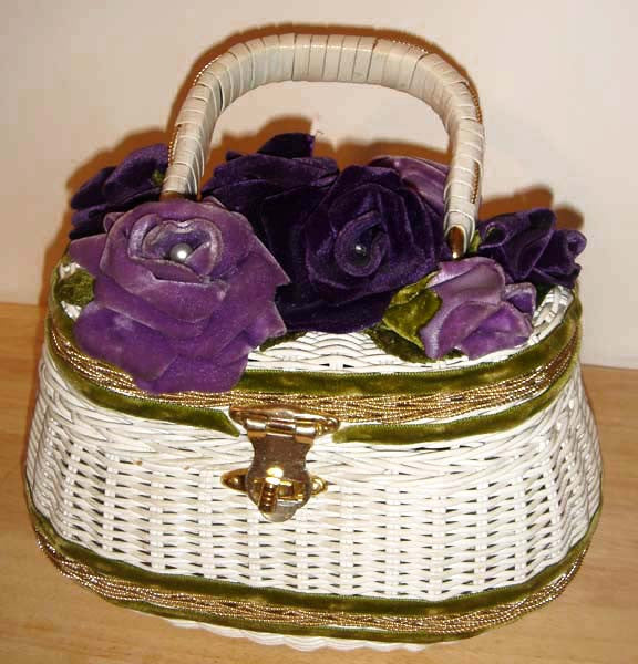 Vintage Purple Floral Basket Wicker Purse