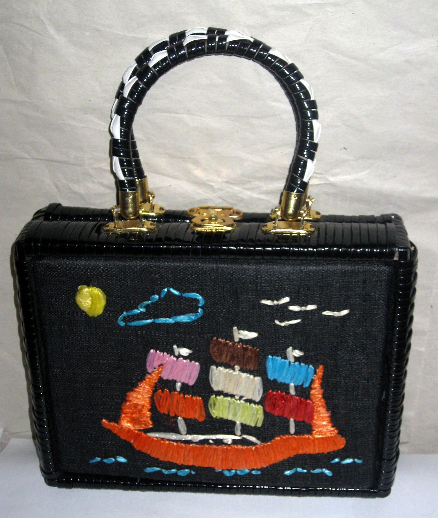 Vintage Black Wicker Sailboat Purse