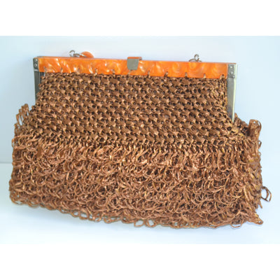 Vintage Brown Lucite Trimmed Synthetic Straw Purse