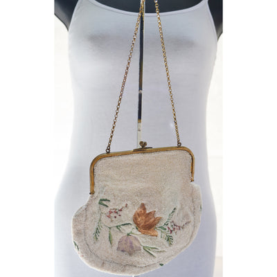 Vintage French White Beaded & Embroidered Purse