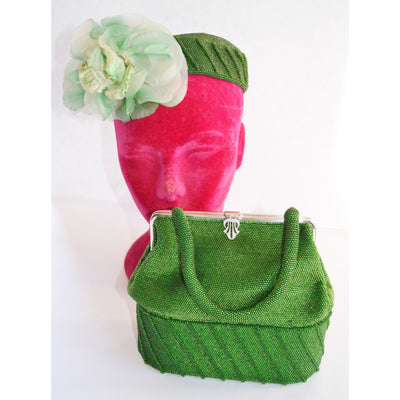 Vintage Green Beaded Purse & Hat Set