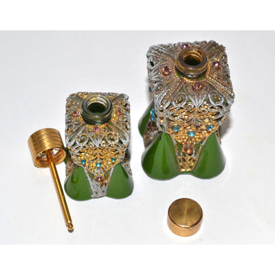 1930's Ornate Jeweled Green Painted Scent Bottles 