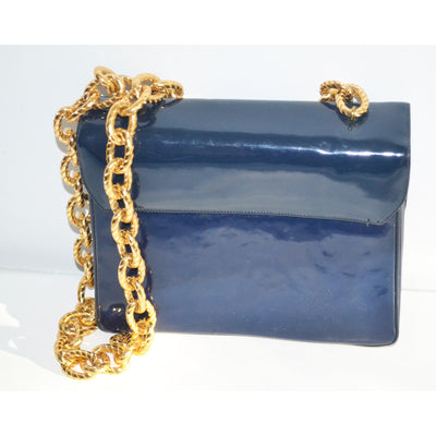 Vintage Navy Patent Gold Chain Purse By Joseph