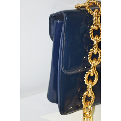 Vintage Navy Patent Gold Chain Purse By Joseph