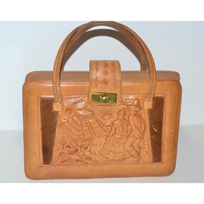 Vintage Tan Tooled Mexican Leather Ponyhair Purse