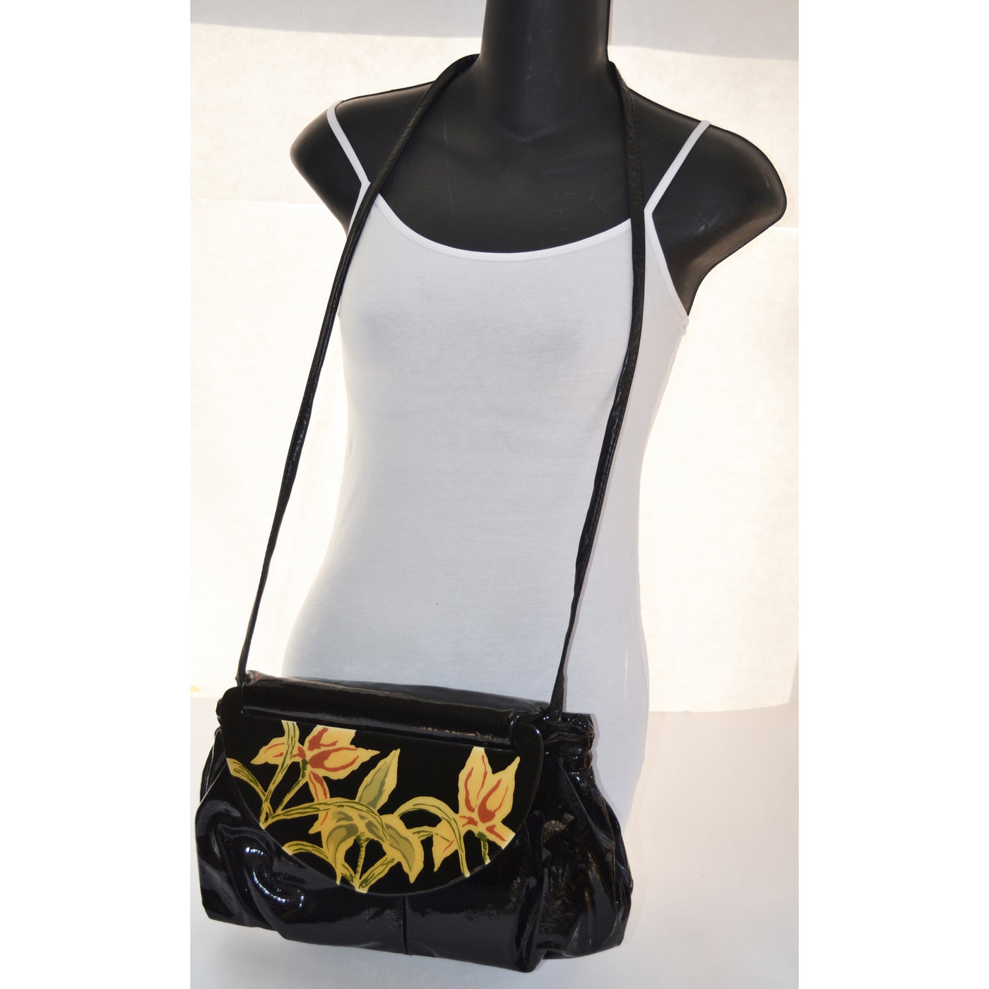 Vintage Black High Gloss Moon Bag & Lacquered Purse By Patricia Smith - 1980's