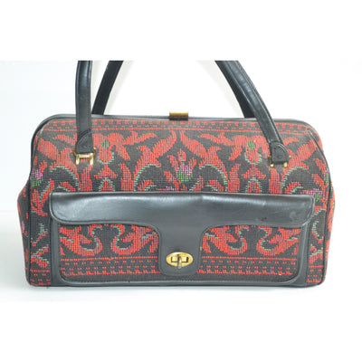 Vintage Red Flocked Tapestry Carry-All Handbag