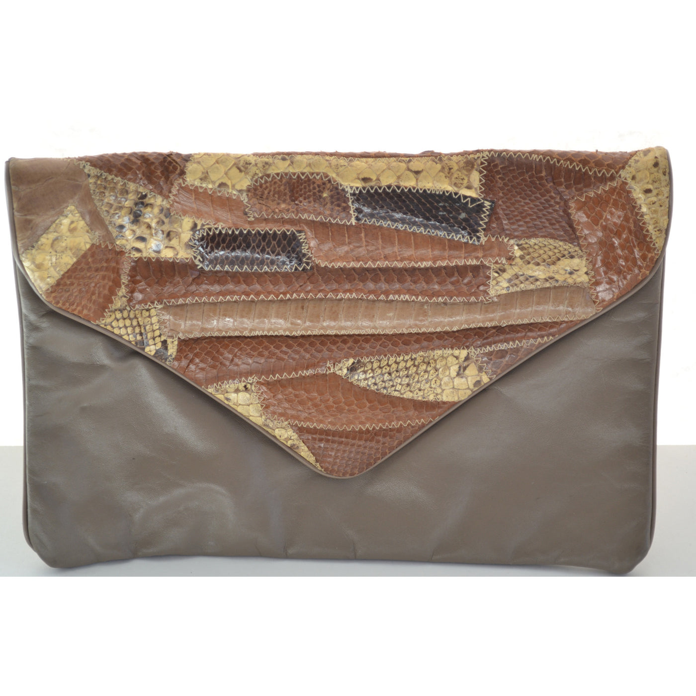 Vintage Brown Patched Reptile Leather Clutch Purse by Hala 