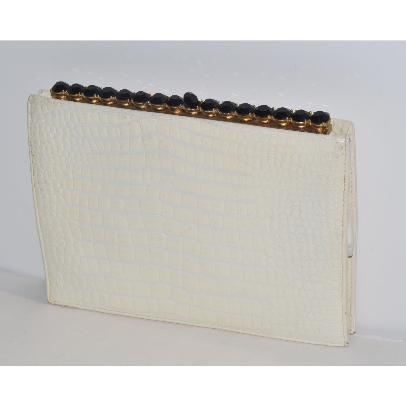Vintage White Embossed Leather Jeweled Clutch