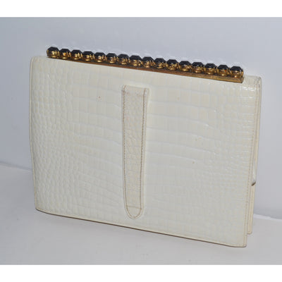 Vintage White Embossed Leather Jeweled Clutch