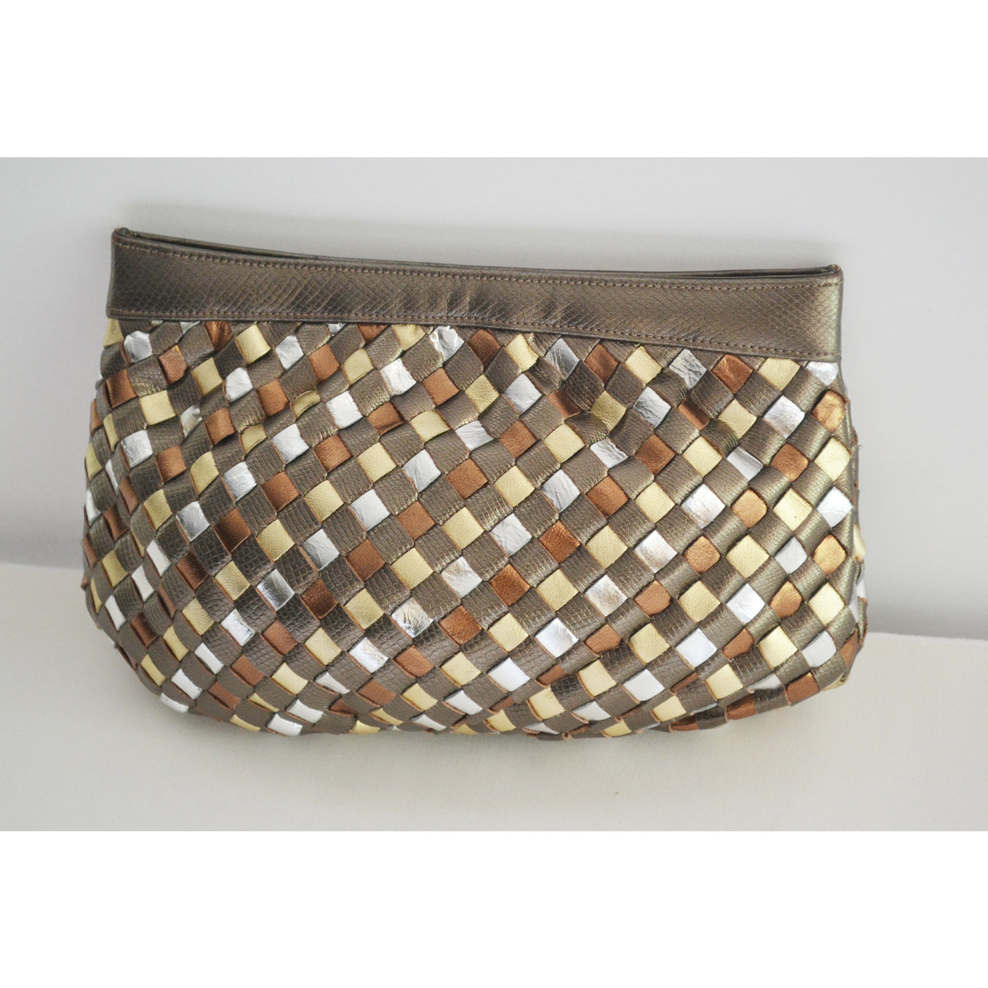 Vintage Metallic Woven Leather Clutch Purse By Sharif