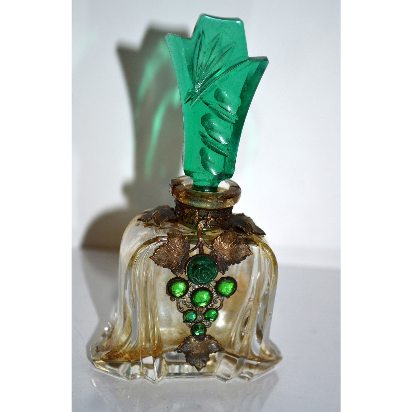 1930's Jeweled Green Ornate Cut Czech Perfume Bottle By Aristo 