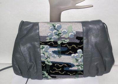 Vintage Patricia Smith Moon Bag Grey Leather Needlepoint Purse