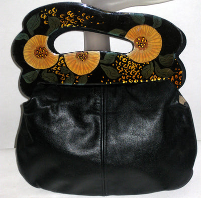 Vintage Patricia Smith Moon Bag Style Black Leather Purse Lacquer Handles