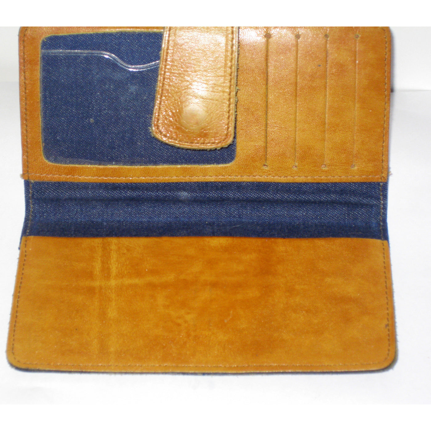 Vintage Brown Stitched Leather & Denim Wallet